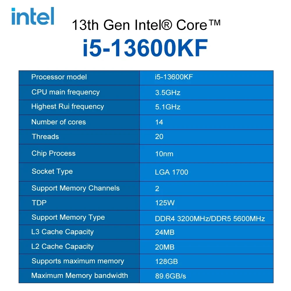 Intel Core i5-13600KF i5 13600KF 3.5 GHz 14-Core 20-Thread CPU 10NM L3=24M 125W LGA 1700 Tray New but without Cooler 5 Intel Core i5-13600KF i5 13600KF 3.5 GHz 14-Core 20-Thread CPU  10NM L3=24M 125W LGA 1700 Tray New but without Cooler - Image 5