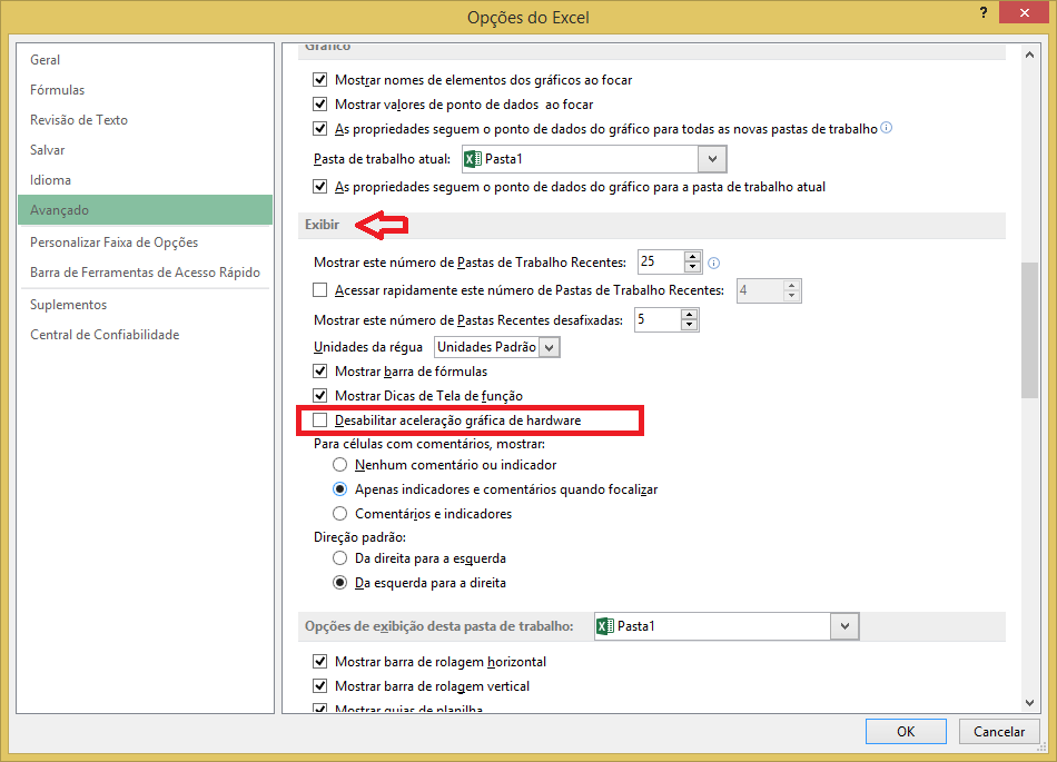 Excel : Conteúdo do documento fica invisível 2 Excel Configurações