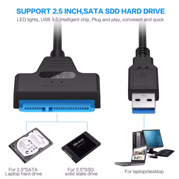 SATA to USB 3.0 / 2.0 Cable Up to 6 Gbps for 2.5 Inch External HDD SSD Hard Drive SATA 3 22 Pin Adapter USB 3.0 to Sata III Cord - Image 3