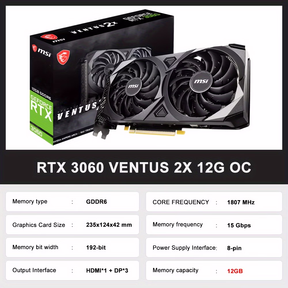 MSI GeForce RTX 3060 VENTUS 2X 12G OC GAMING Graphics Card 192bit 12GB GDDR6 Video Cards 1HD 3DP