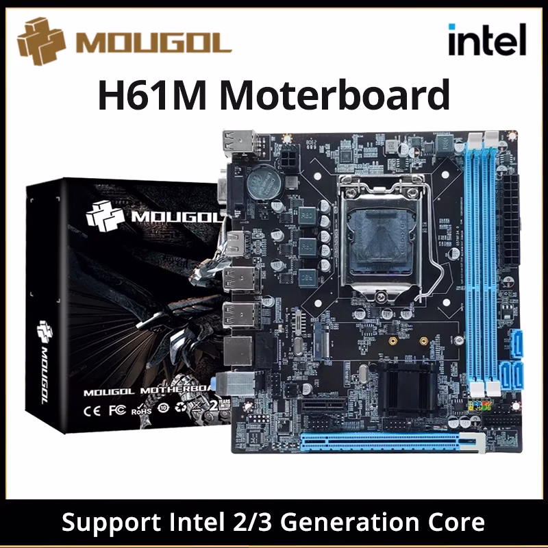 MOUGOL H61M Gaming Motherboard M.2 NVME PCIEx16 DVI Supports Dual-channel DDR3 RAM Intel Core 2/3 Gen CPU LGA1155 for Desktop PC