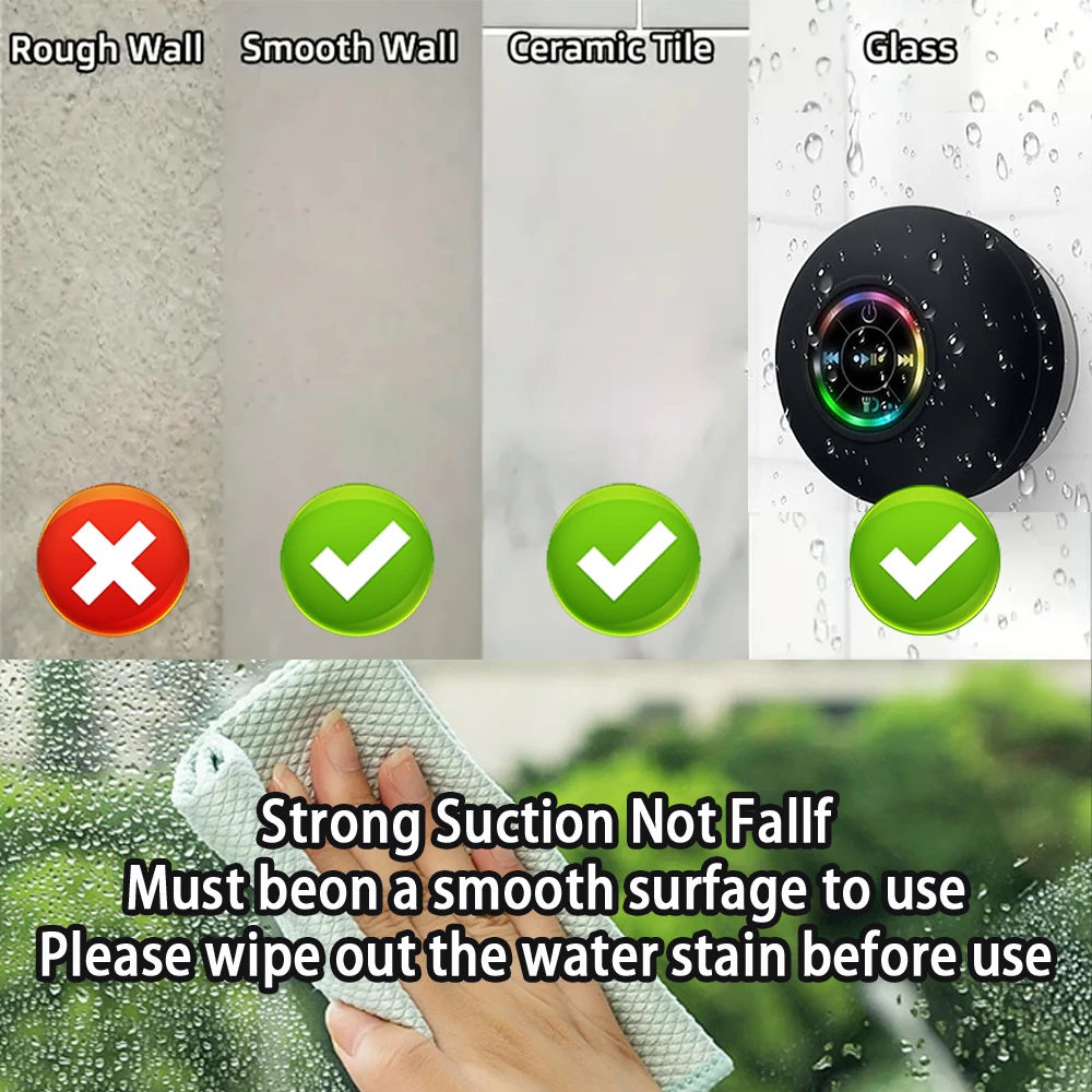 Portable Wireless Bluetooth Speaker LED Light IPX4 Waterproof Loudspeaker Outdoor Bathroom Large Suction Cup Stereo Sound Box - Image 4