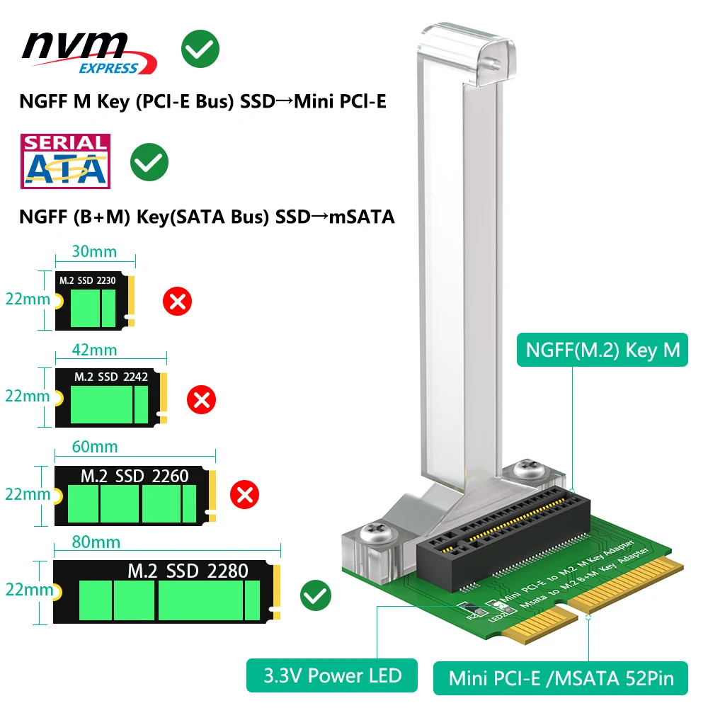 M.2 NGFF Nvme SSD/ B+M Key SATA Bus SSD to Mini PCI-E Adapter (Vertical Installation) for 2280 Type SSD - Image 2