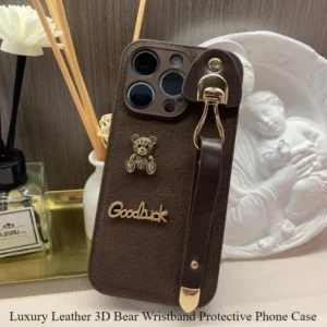 High-quality  Luxury Leather 3D Bear Vintage Wristband Protective Phone Case for IPhone 15 14 13 Pro Max Shockproof Cover 도매